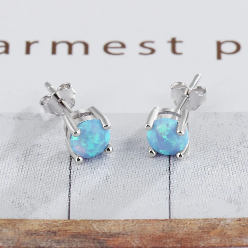 Four Prongs 6mm Blue Round Opal Sterling Silver Stud Earrings