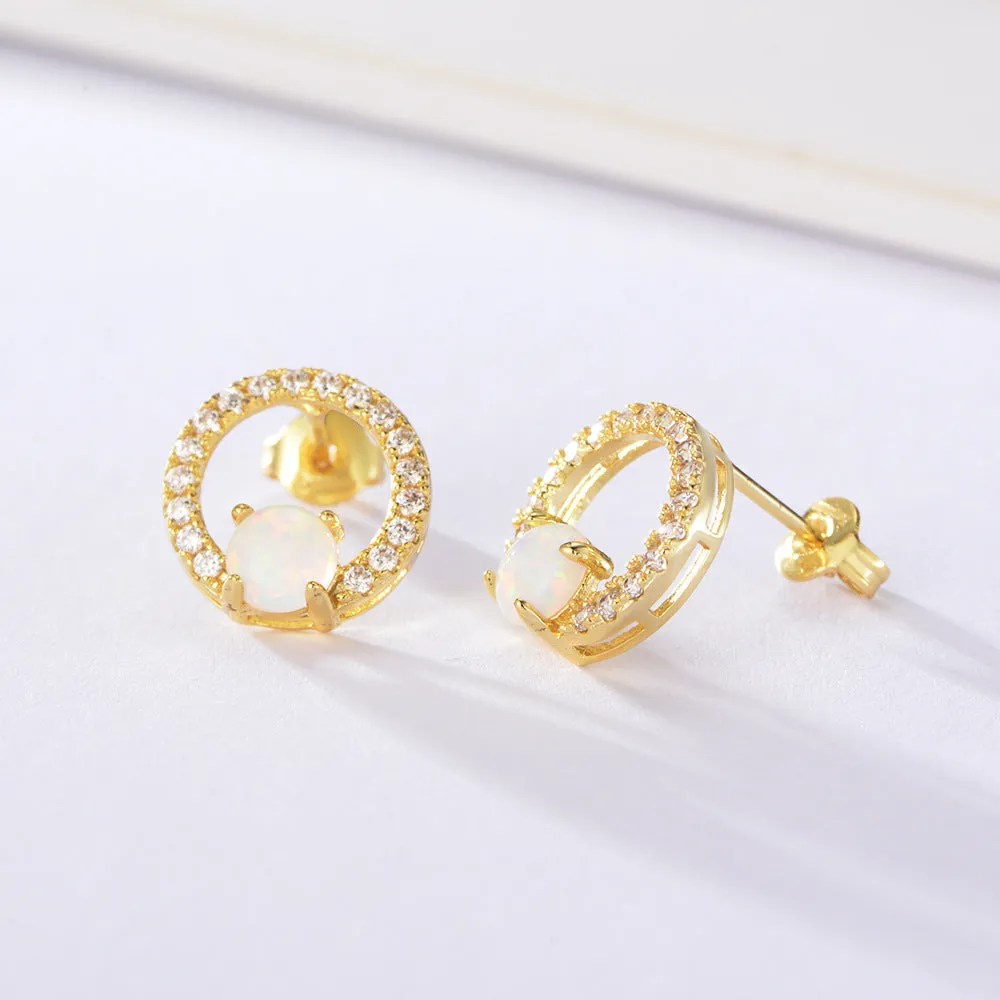 Four Prongs Opal Jewelry with Zircon Circle Silver Studs Earrings for Women