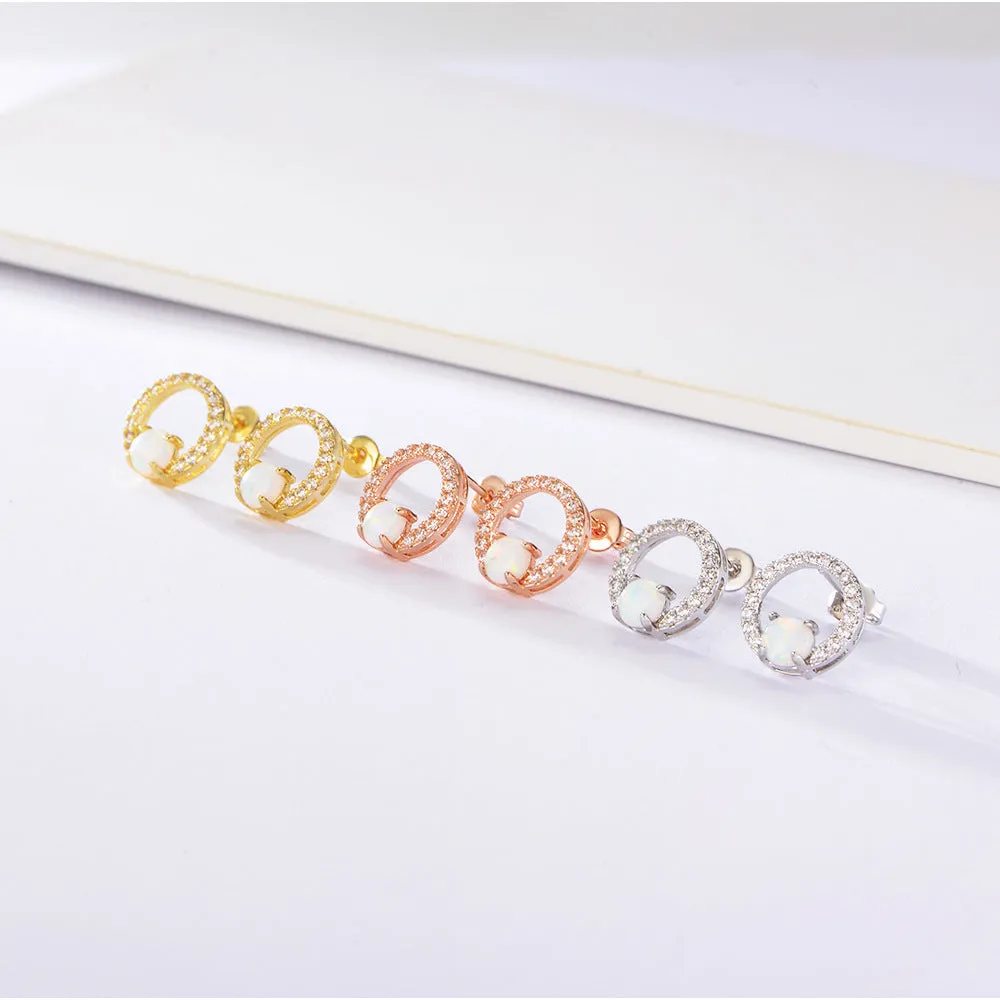 Four Prongs Opal Jewelry with Zircon Circle Silver Studs Earrings for Women