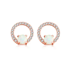 Four Prongs Opal Jewelry with Zircon Circle Silver Studs Earrings for Women