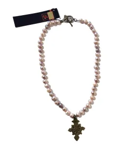 Freshwater Pink Potato Pearl Necklace with Ethiopian Cross