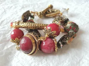 Fuchsia Dyed Jade Agate Triple Strand Chunky India Inspired Bracelet, MB10175: The Raspberries