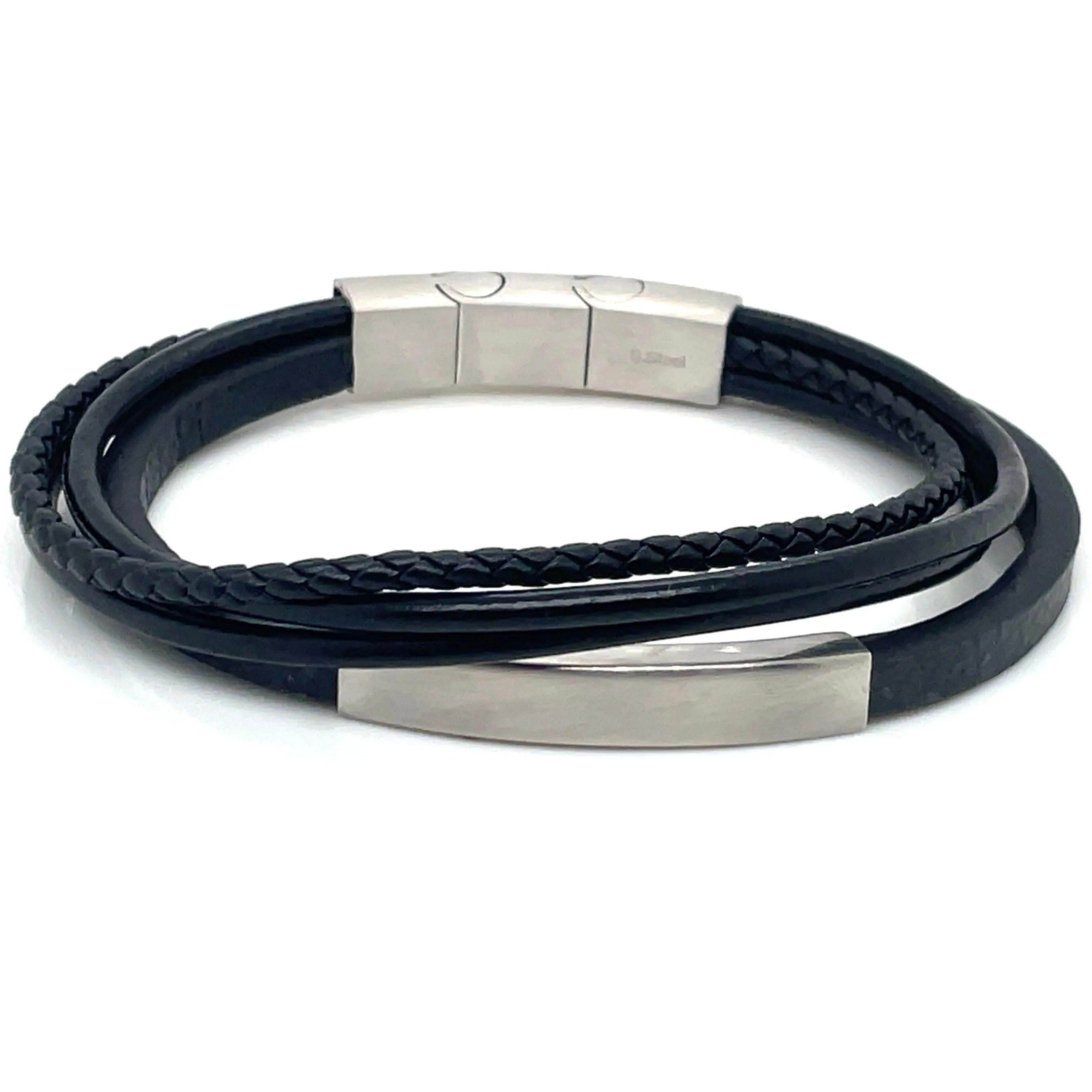 Gents Black Leather Multi Strand ID Bracelet