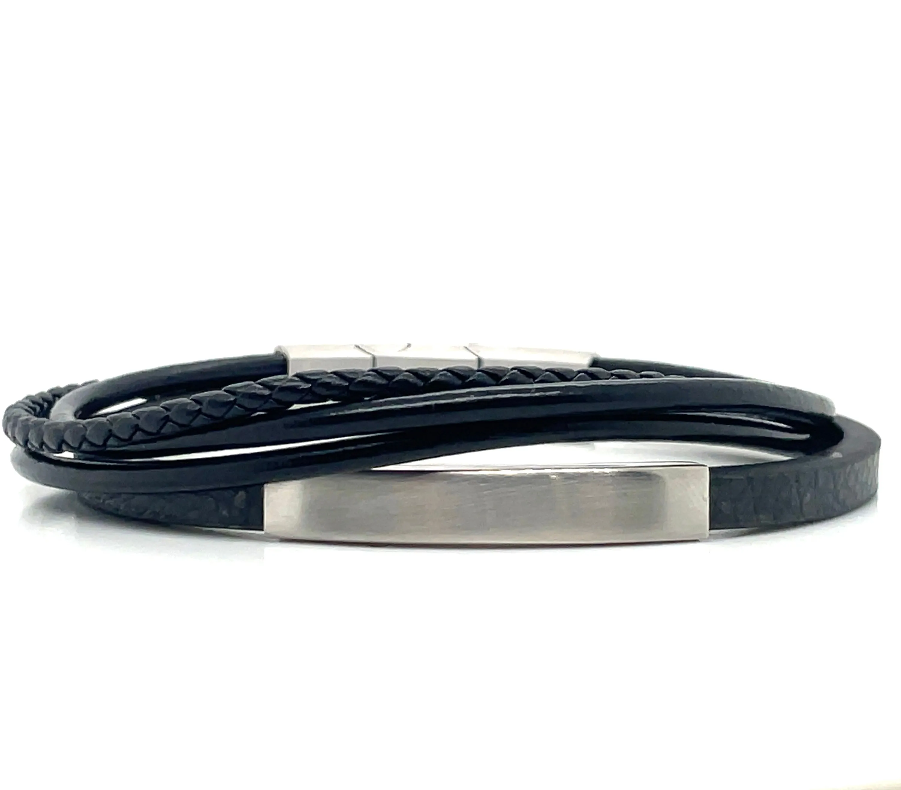 Gents Black Leather Multi Strand ID Bracelet