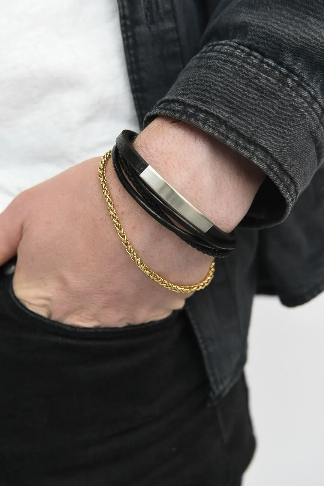 Gents Black Leather Multi Strand ID Bracelet