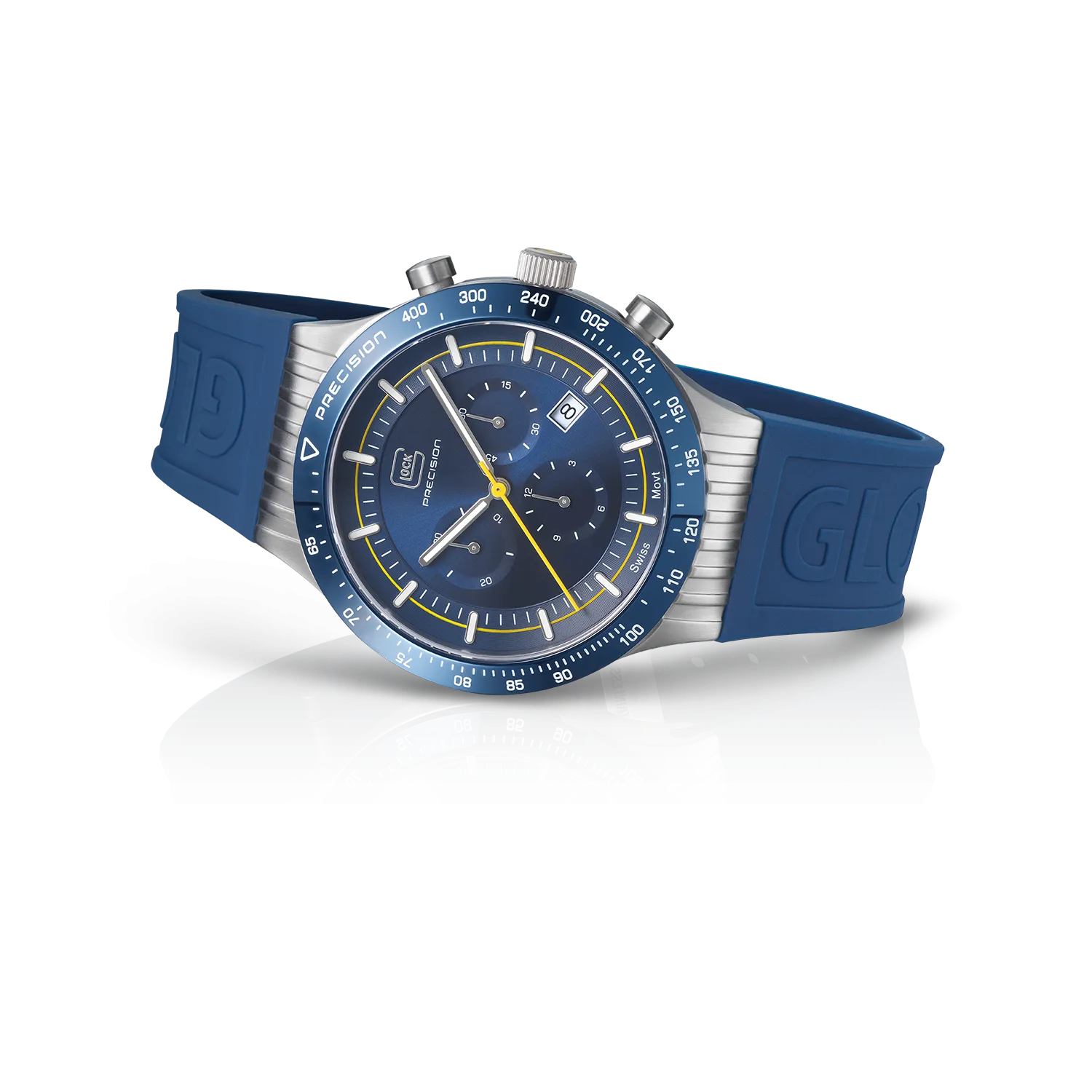 Gents Steel Glock Watch with Blue Dial/Chronodial and Blue Bezel