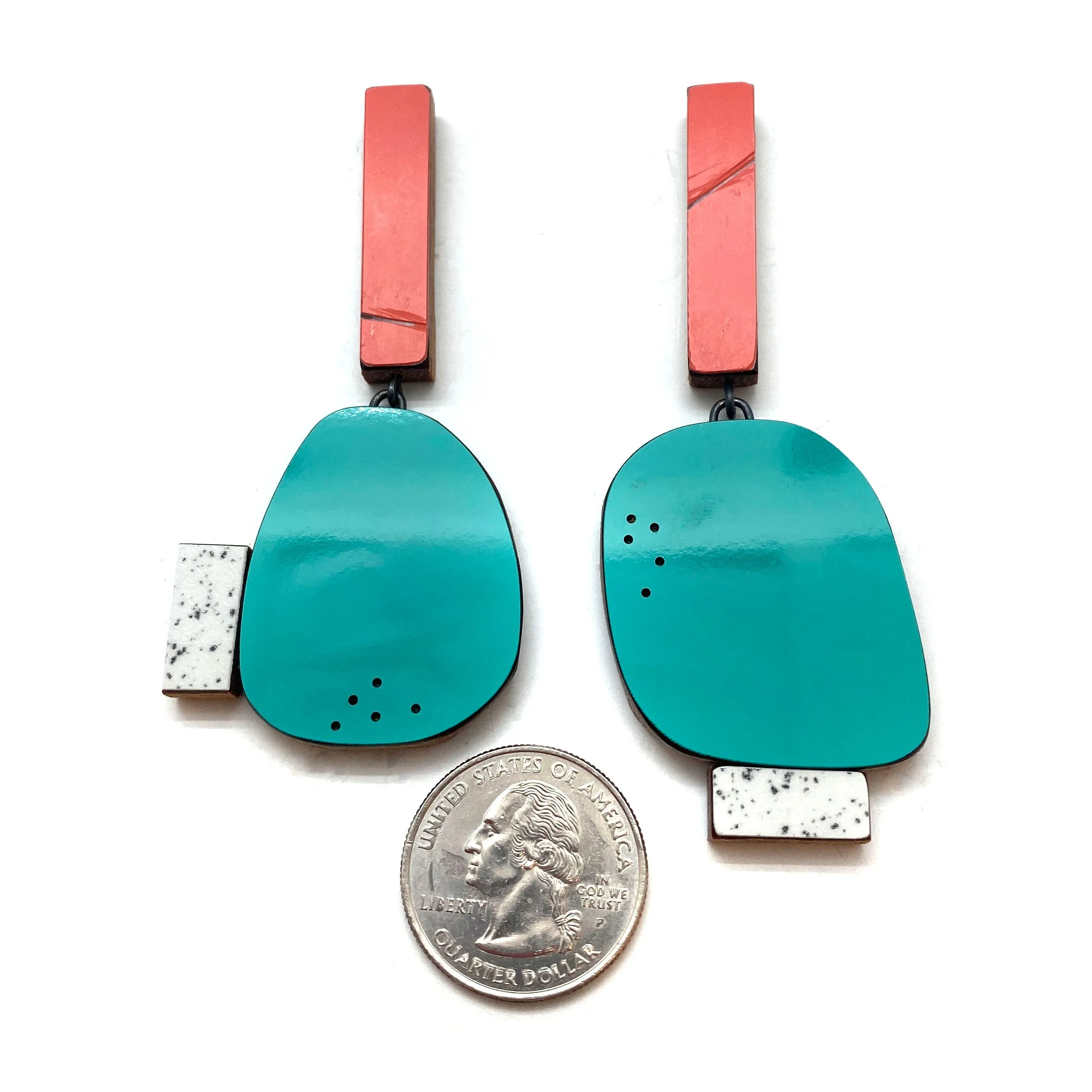 Geometric Earrings - Coral and Teal