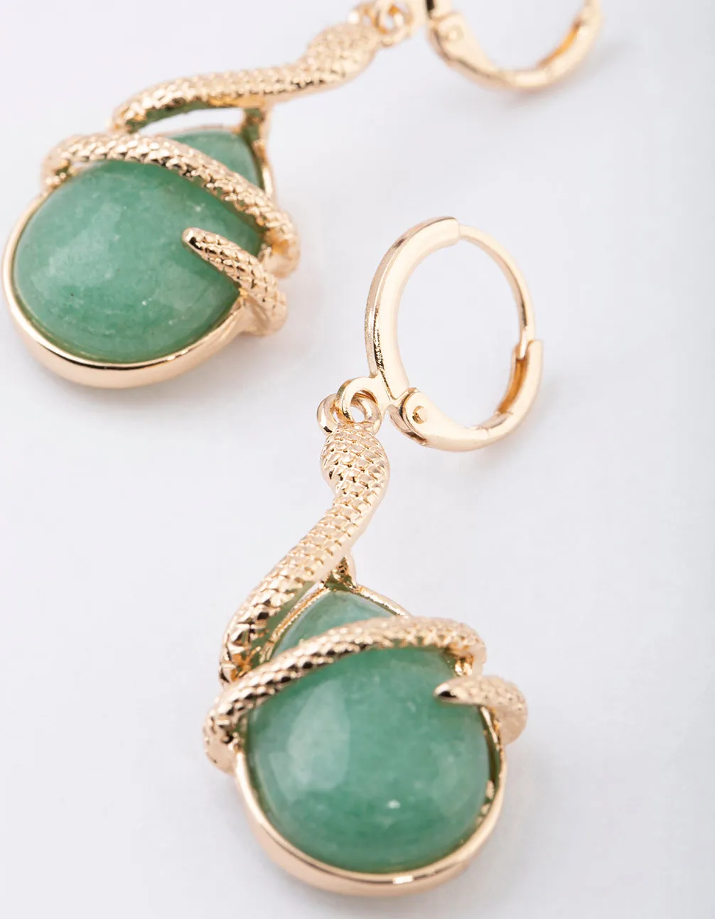 Gold Green Aventurine Snake Wrap Drop Earrings