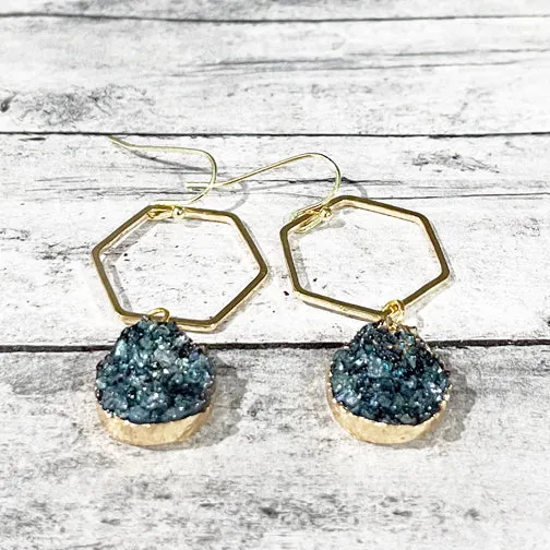 Gold Hexagon Oval Druzy Earrings (4 COLOR OPTIONS)