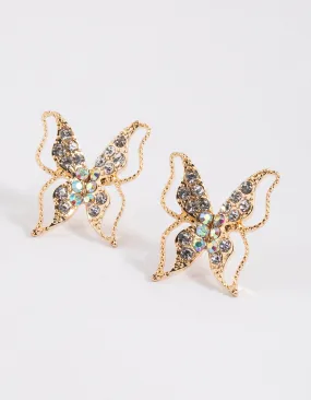 Gold Large Diamante Butterfly Stud Earrings