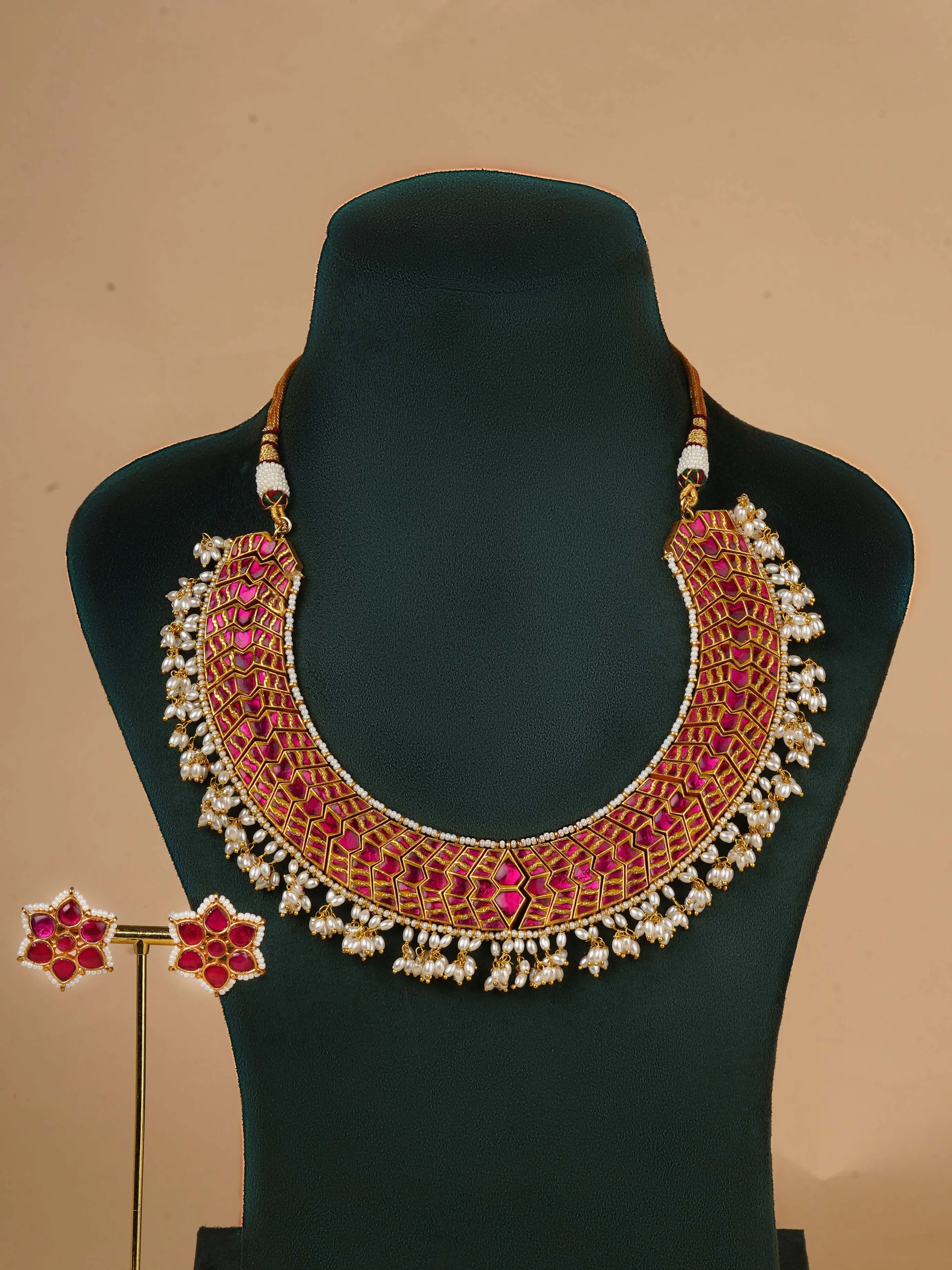 Gold Plated Thappa Jadau Kundan Necklace Set - TJ-S129