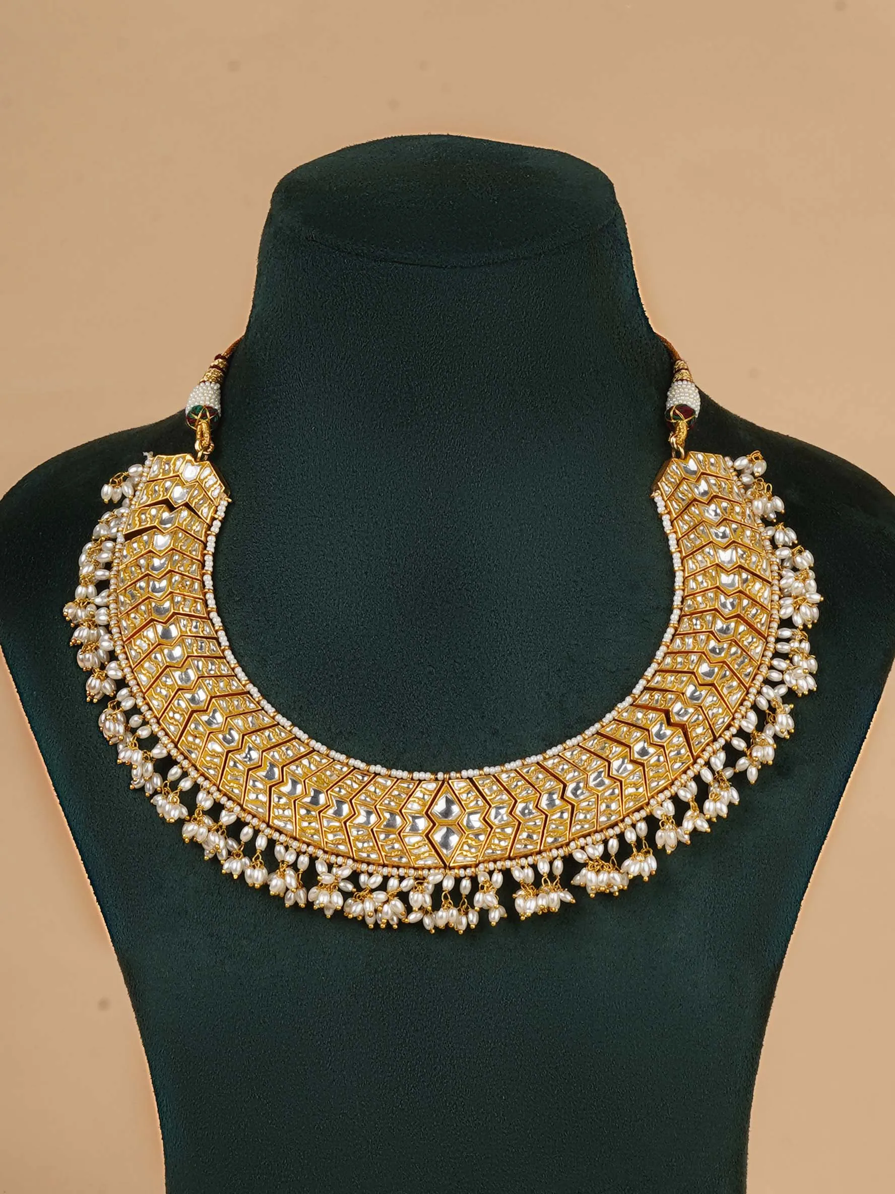 Gold Plated Thappa Jadau Kundan Necklace Set - TJ-S129