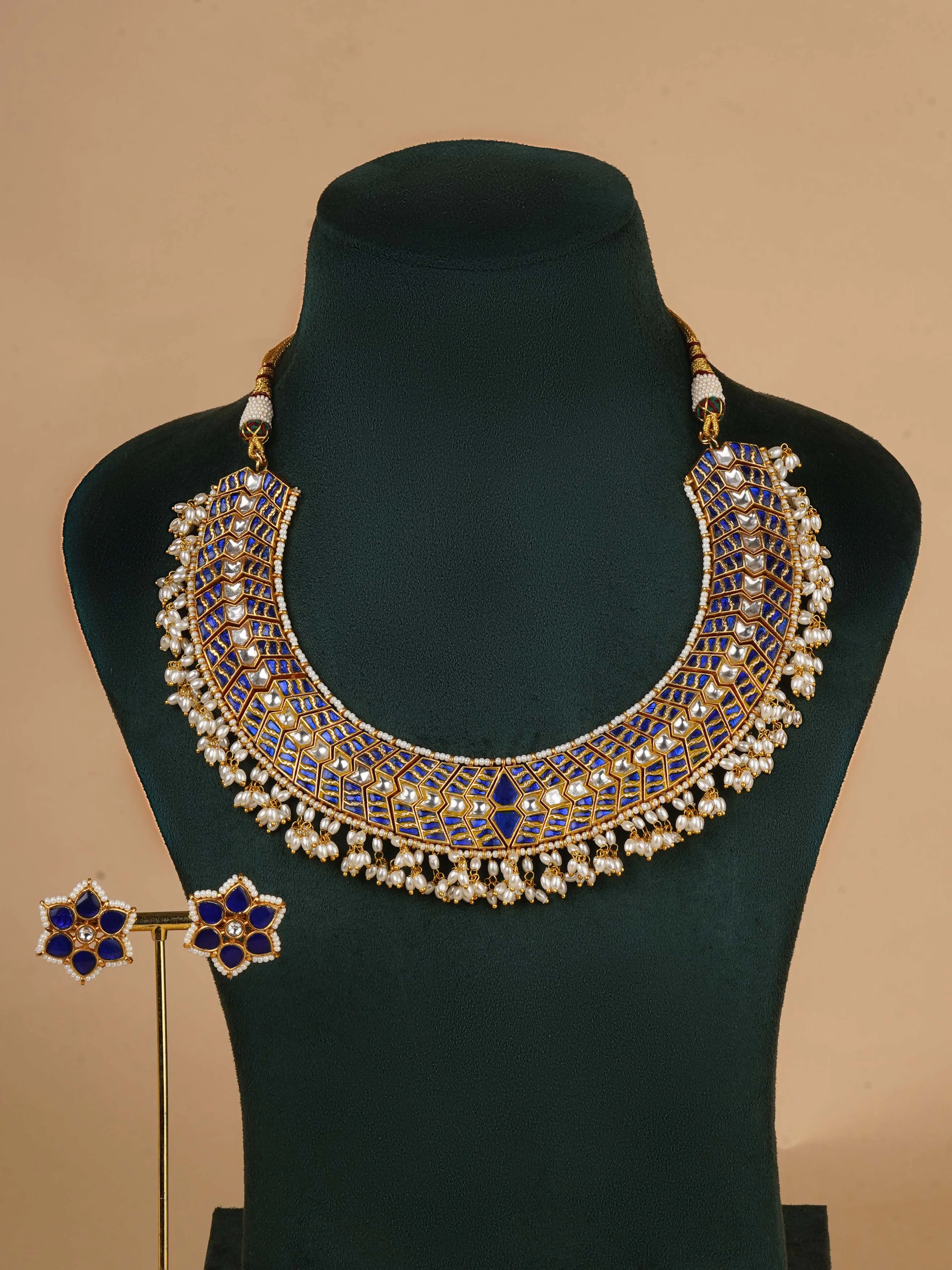 Gold Plated Thappa Jadau Kundan Necklace Set - TJ-S129