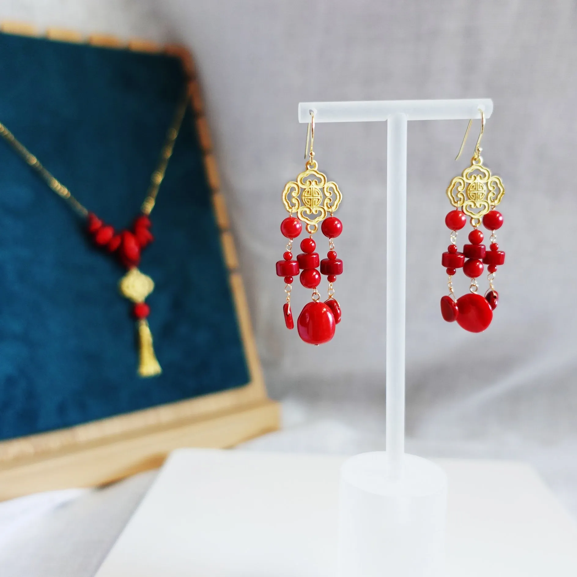 Gold Red Coral Tassel Earrings