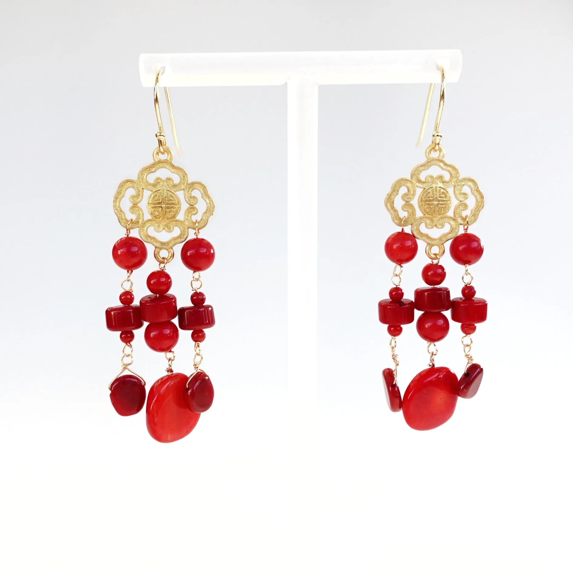 Gold Red Coral Tassel Earrings