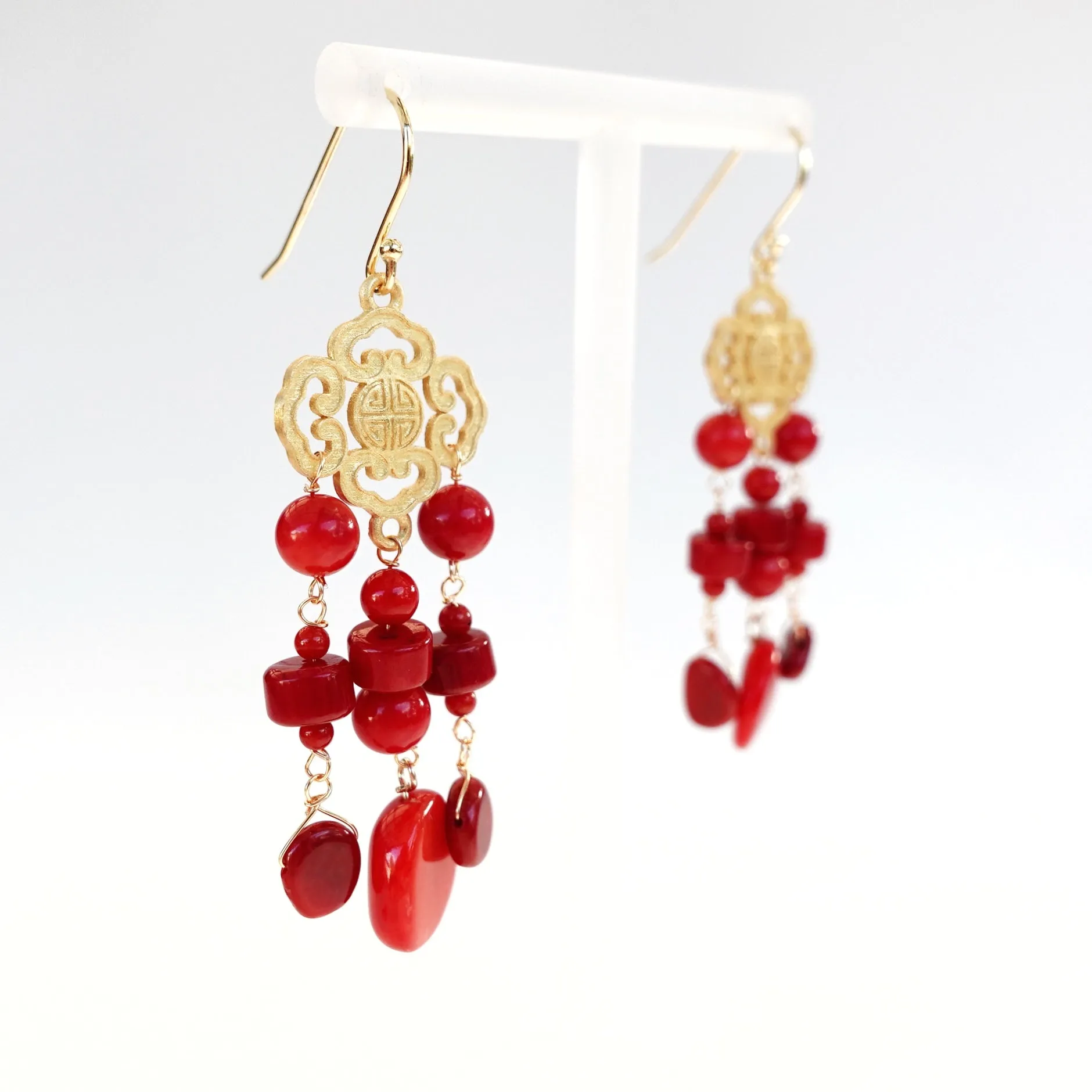 Gold Red Coral Tassel Earrings