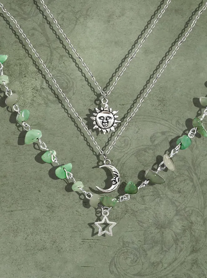 Green & Silver Sun, Moon & Star 3 Piece Necklace