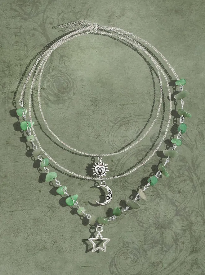 Green & Silver Sun, Moon & Star 3 Piece Necklace