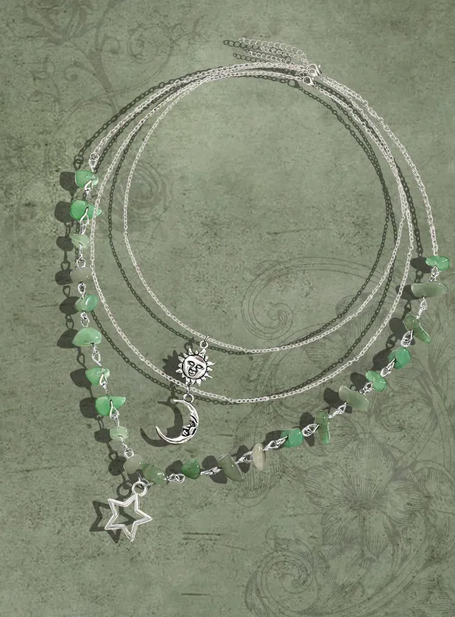 Green & Silver Sun, Moon & Star 3 Piece Necklace