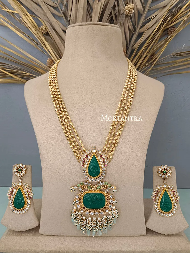 Green Color Gold Plated Jadau Kundan Necklace Set - MS1403GR