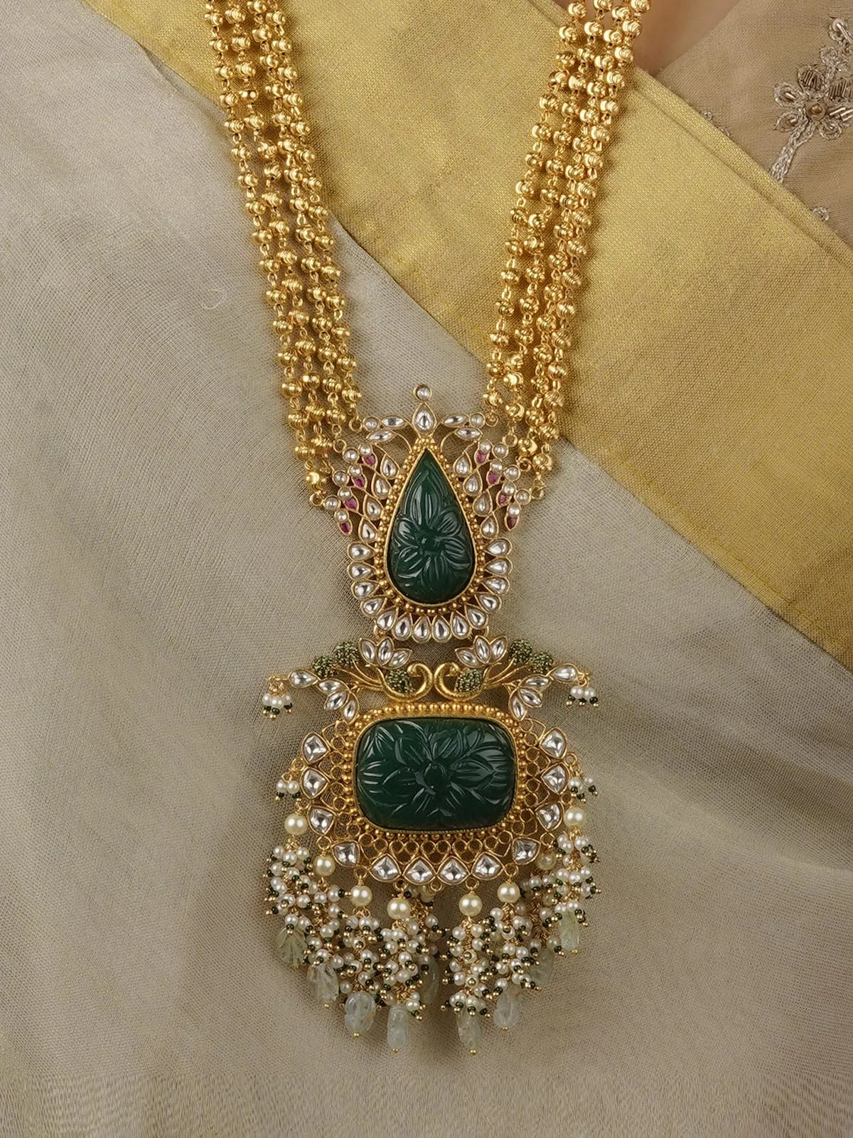 Green Color Gold Plated Jadau Kundan Necklace Set - MS1403GR