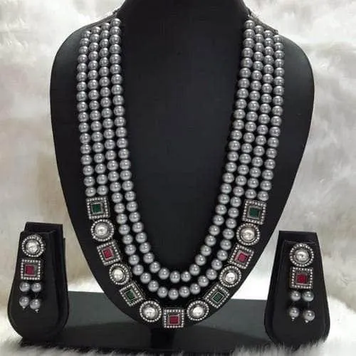 Grey Pearls Square Stone Ad Kundan Set