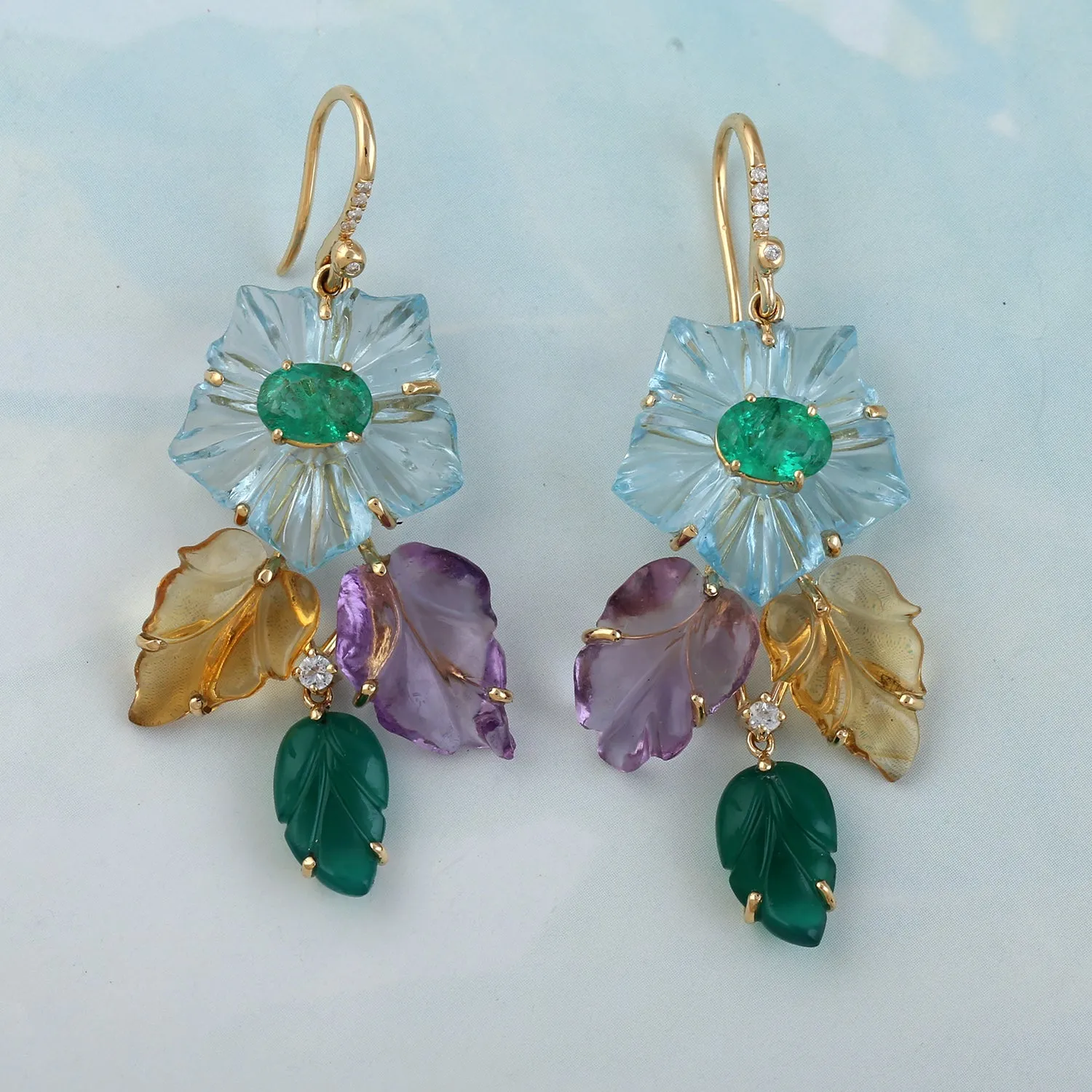 Hand Carved Mix Stone Emerald Sapphire Diamond Leaf Floral 18k Yellow Gold Danglers