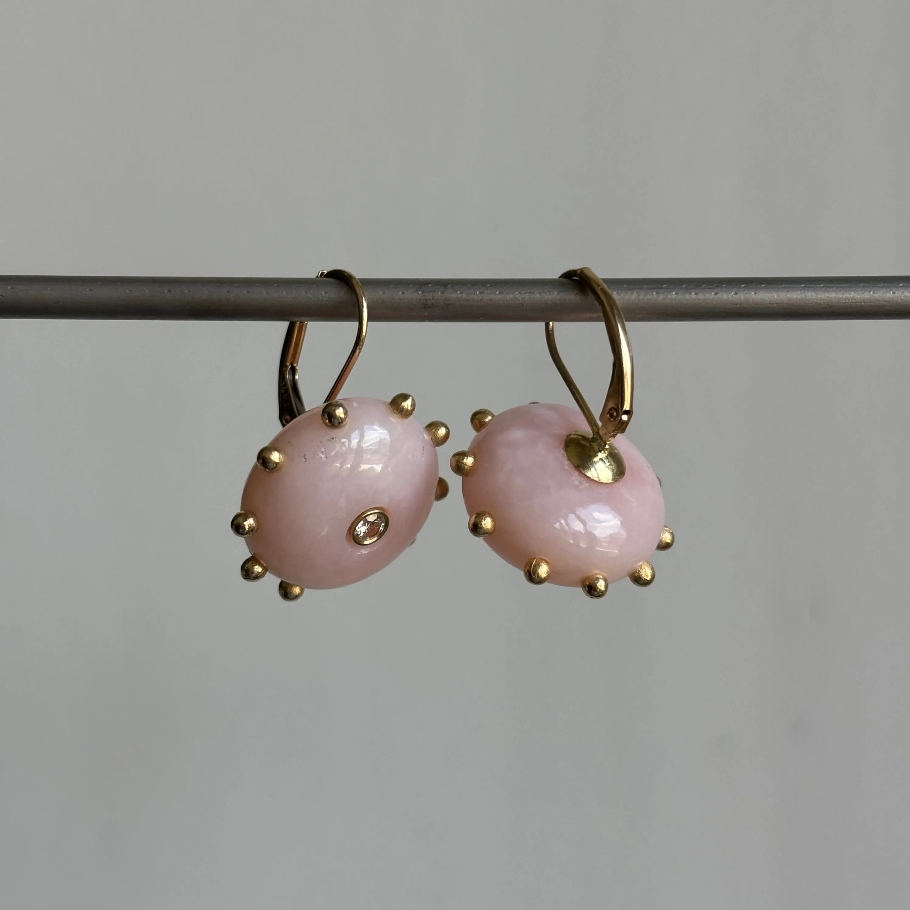 Hand Cut Pink Opal & Diamond Studded Button Earrings