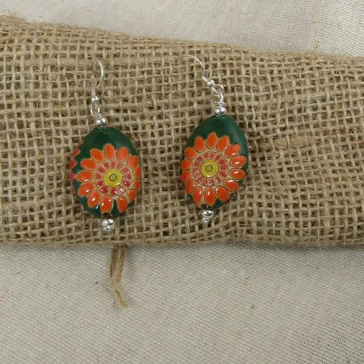 Handmade Emerald Green  & Orange Flower Earrings  Golem