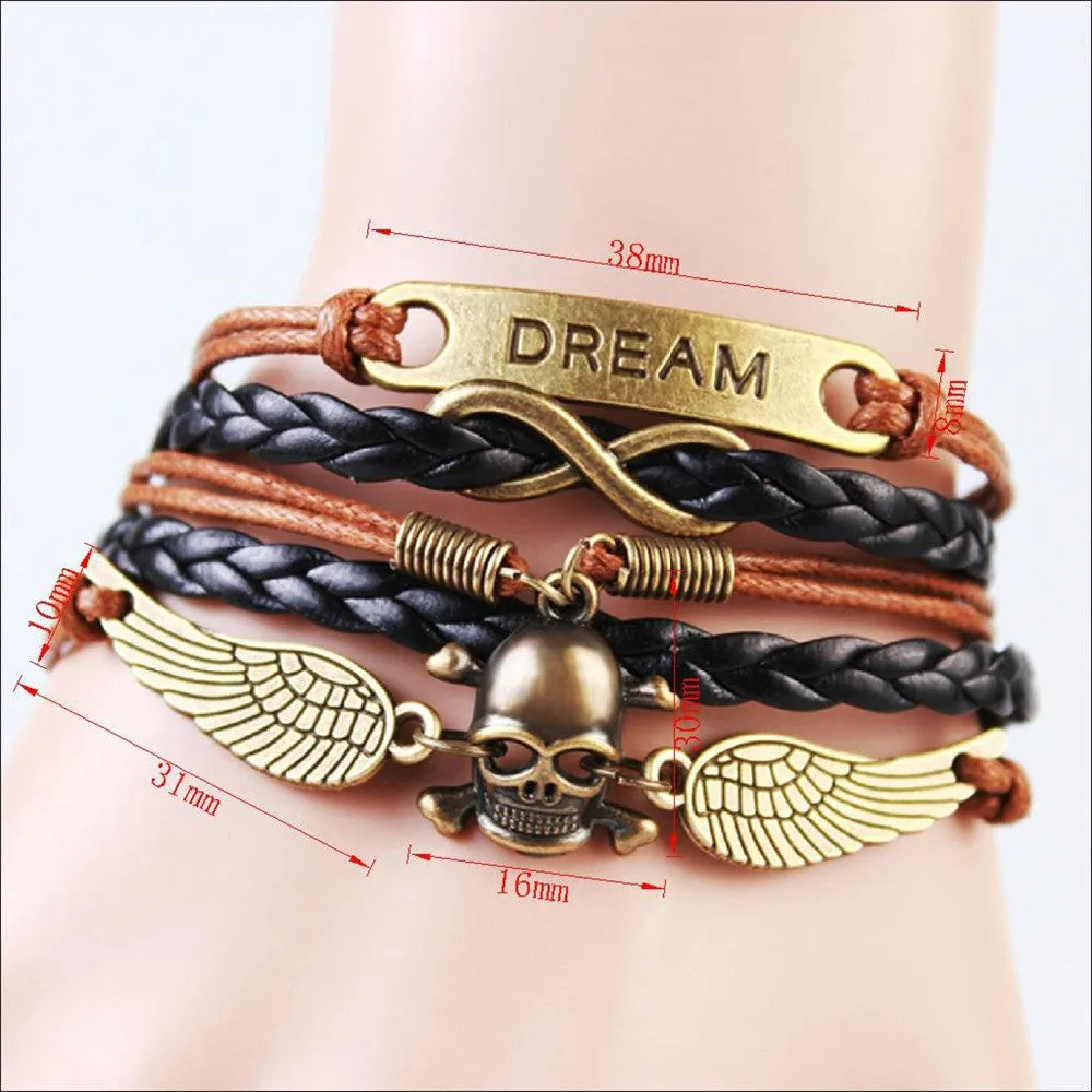 Handmade Fashion Skull & Win Dream Charms infinity Bracelet Brown &Black woven leather punk Braclet