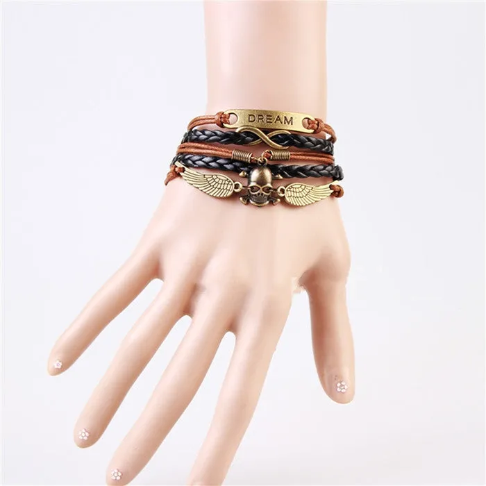 Handmade Fashion Skull & Win Dream Charms infinity Bracelet Brown &Black woven leather punk Braclet