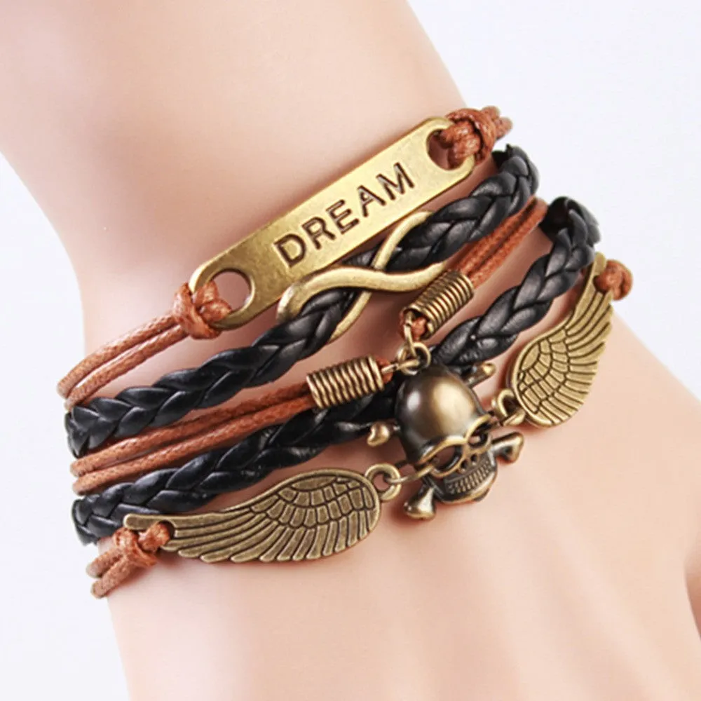 Handmade Fashion Skull & Win Dream Charms infinity Bracelet Brown &Black woven leather punk Braclet