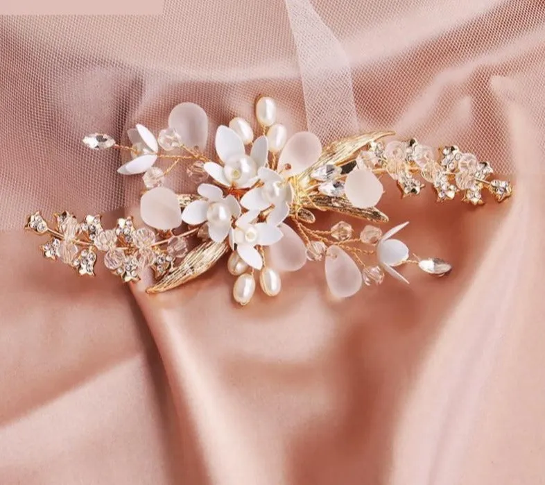 Handmade Gold Wedding Day Bridal Flower Pearl Hair Ornament Accessory