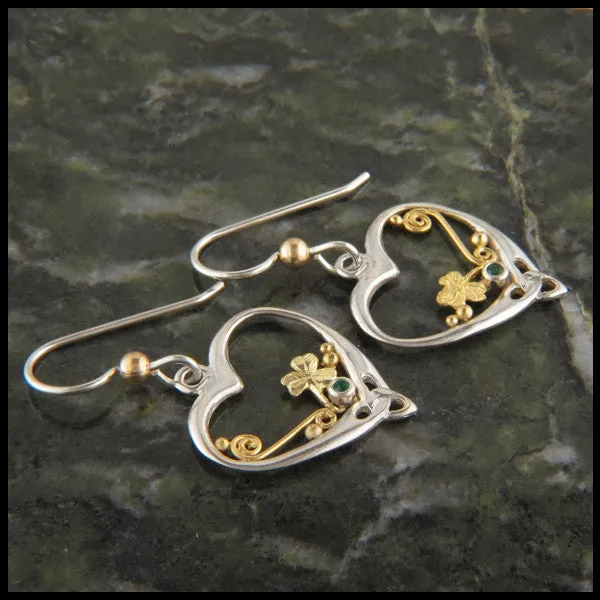 Heart & Shamrock earrings with Emeralds in Silver and Gold