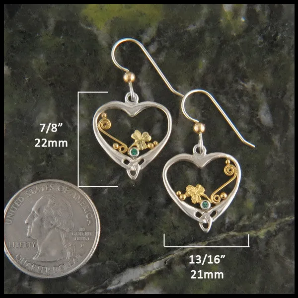 Heart & Shamrock earrings with Emeralds in Silver and Gold