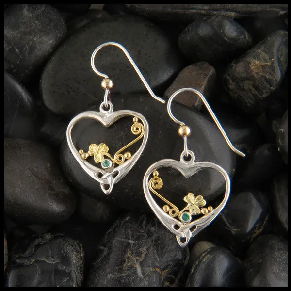 Heart & Shamrock earrings with Emeralds in Silver and Gold