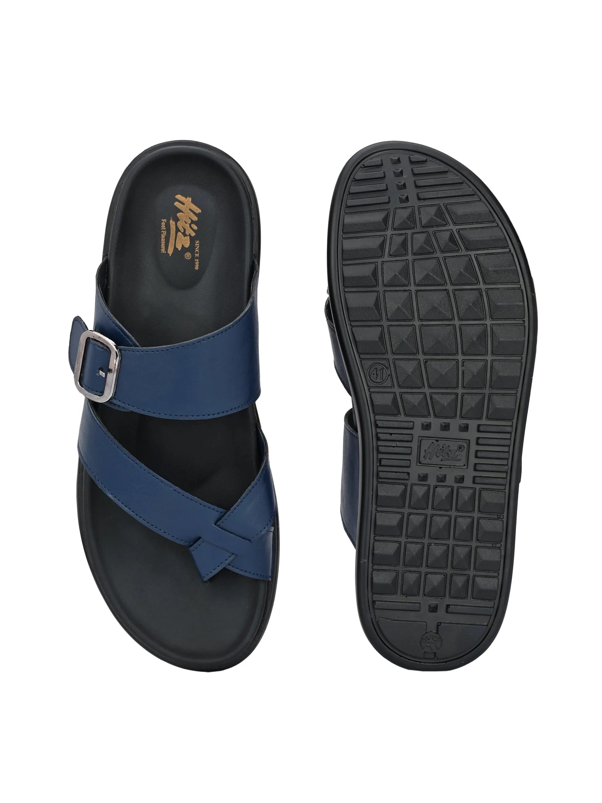 Hitz Men's Blue Leather Toe-Ring Slippers