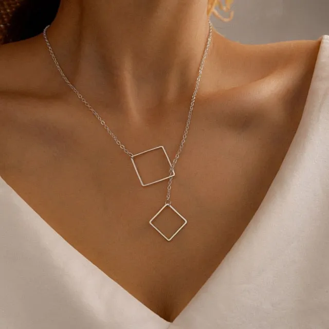 HuaTang Simple Design Hollow Square Pendant Necklace for Women Geometric Metal Clavicle Chain Female Summer Jewelry Accessories