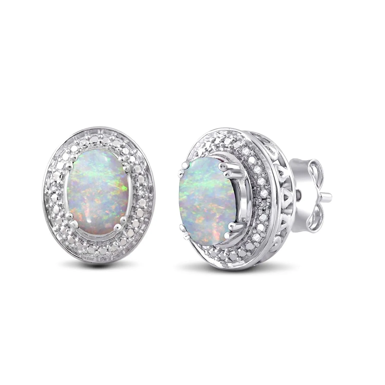 Jewelili Sterling Silver With 7x5mm Oval Shape Created Opal and Natural White Round Diamonds Stud Earrings