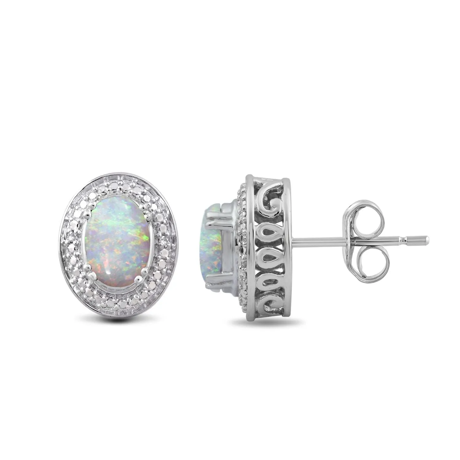 Jewelili Sterling Silver With 7x5mm Oval Shape Created Opal and Natural White Round Diamonds Stud Earrings