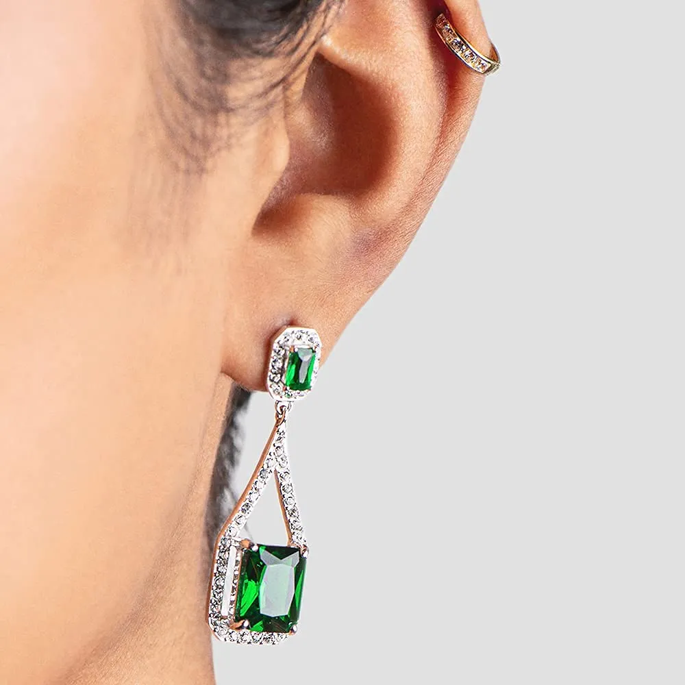 Jewelili Sterling Silver With Octagon Simulated Green Glass Emerald and Clear Crystal Long Dangle Earrings