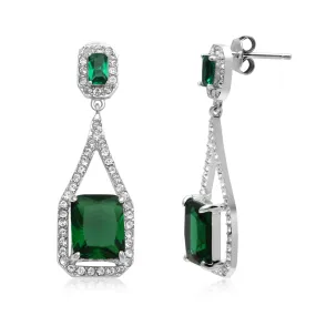 Jewelili Sterling Silver With Octagon Simulated Green Glass Emerald and Clear Crystal Long Dangle Earrings