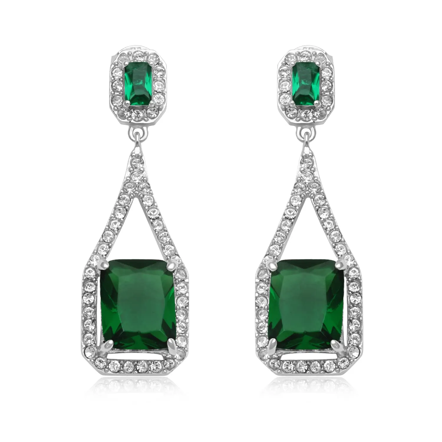 Jewelili Sterling Silver With Octagon Simulated Green Glass Emerald and Clear Crystal Long Dangle Earrings