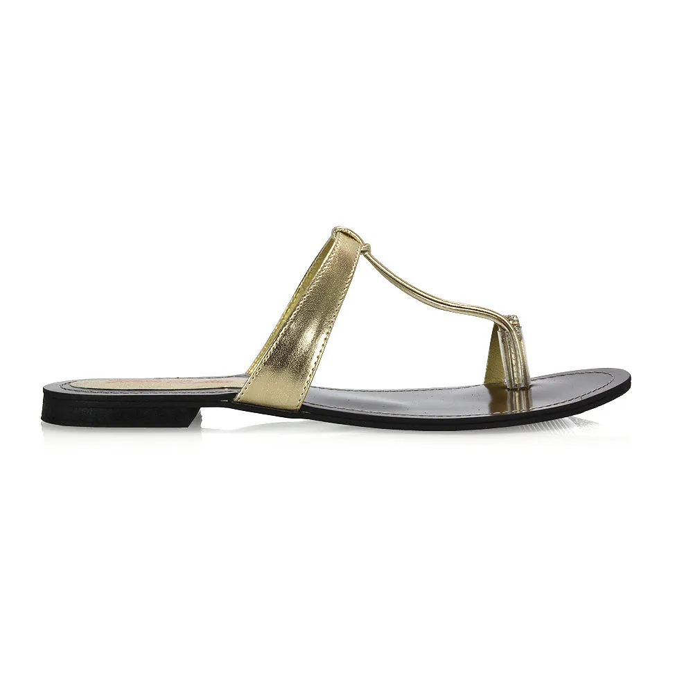 Lala Flat Strappy Diamante Detail Toe Ring Slider Summer Sandals in Gold Metallic