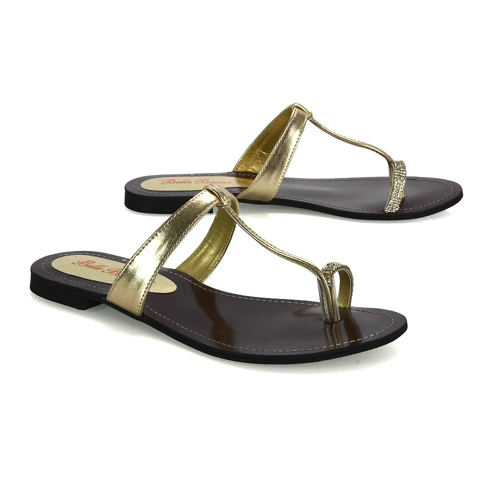 Lala Flat Strappy Diamante Detail Toe Ring Slider Summer Sandals in Gold Metallic