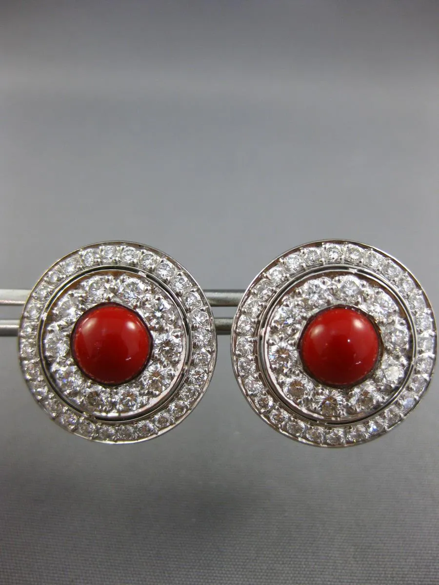 LARGE 3.0CT DIAMOND & AAA CORAL 18KT WHITE GOLD ROUND CLIP ON HANGING EARRINGS