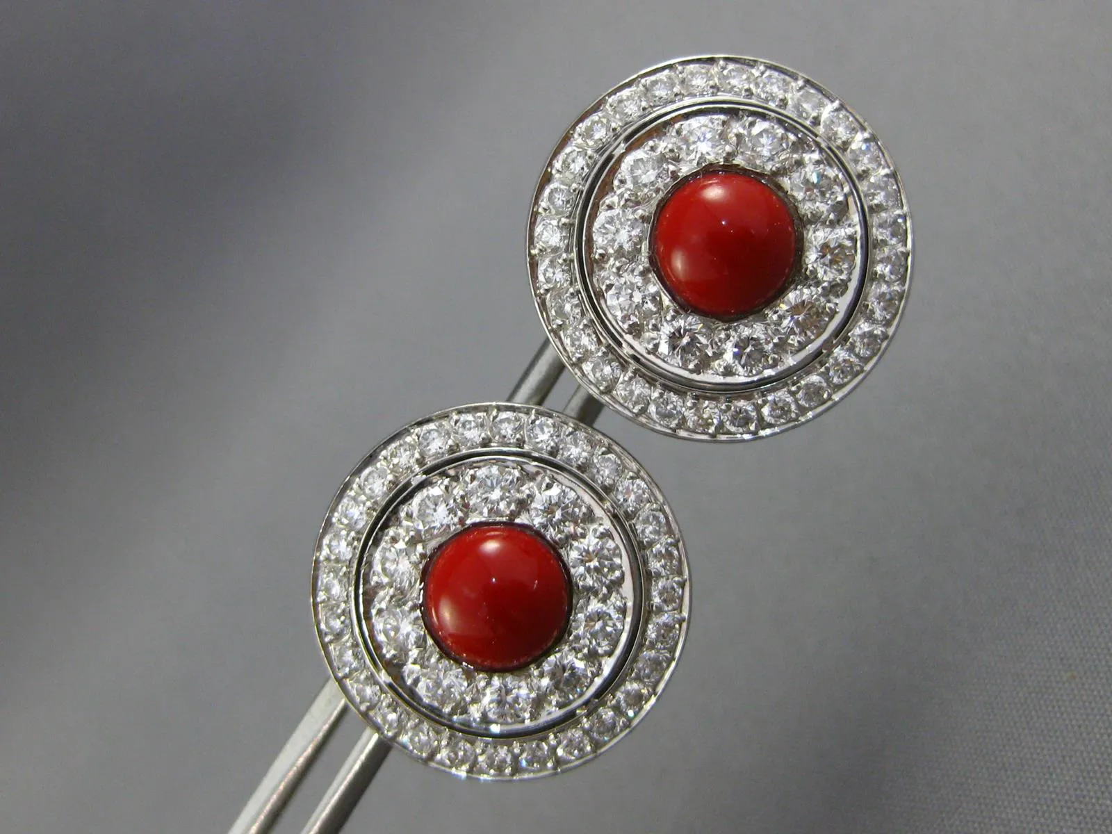 LARGE 3.0CT DIAMOND & AAA CORAL 18KT WHITE GOLD ROUND CLIP ON HANGING EARRINGS