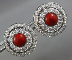 LARGE 3.0CT DIAMOND & AAA CORAL 18KT WHITE GOLD ROUND CLIP ON HANGING EARRINGS