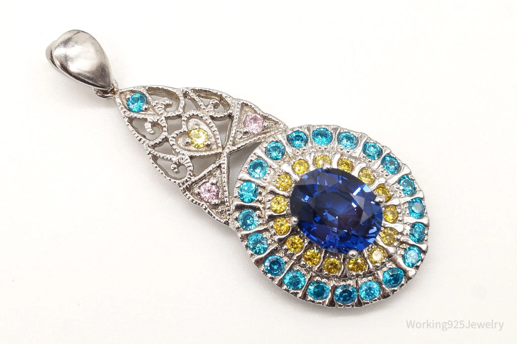 Large Lab Sapphire Multi Color CZ Rhodium Over Sterling Silver Pendant