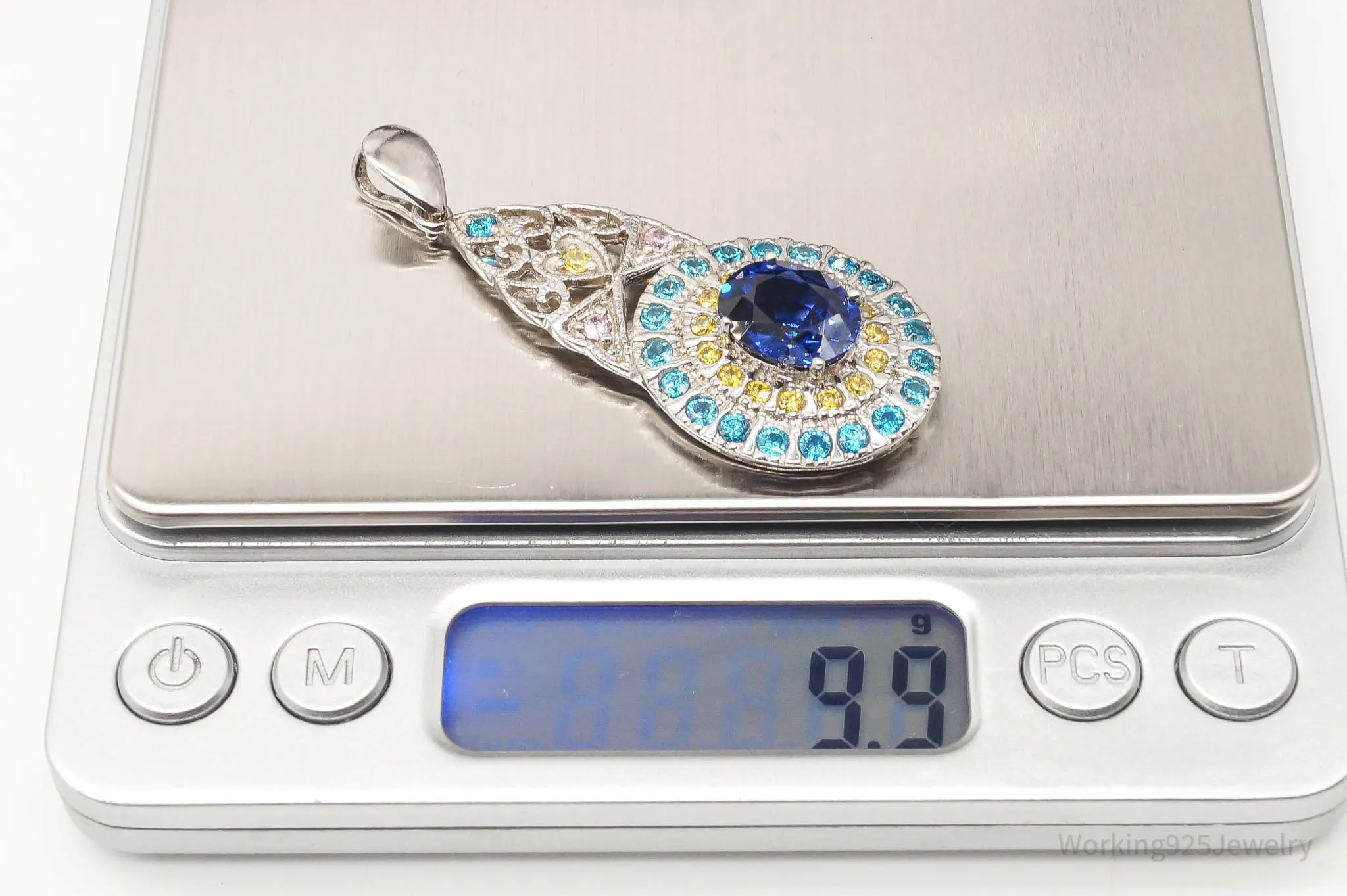 Large Lab Sapphire Multi Color CZ Rhodium Over Sterling Silver Pendant